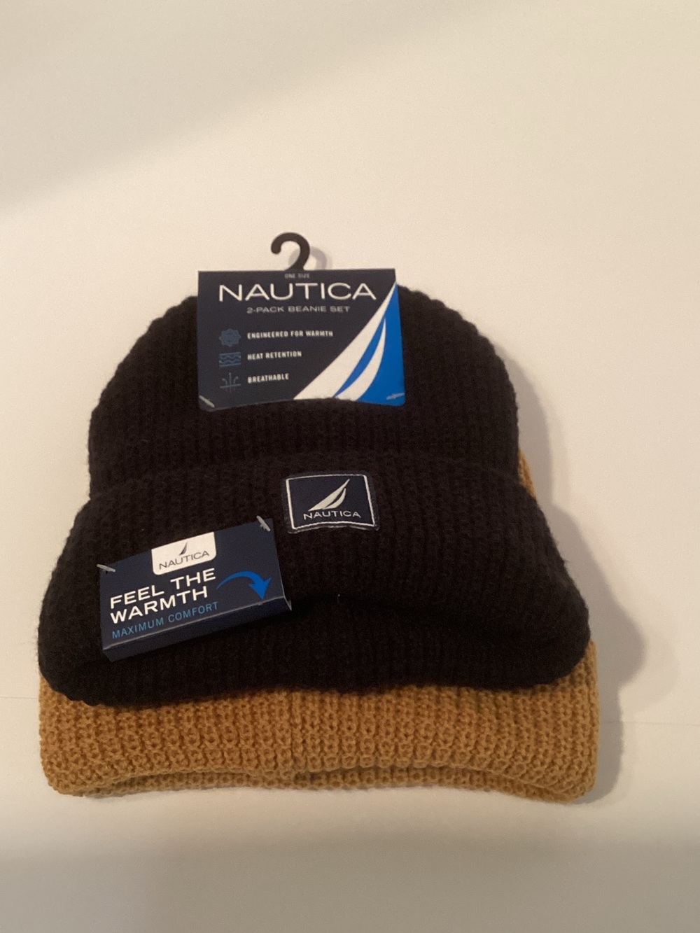 Nautica Men’s 2-Pack Knit Beanies — Black & Mustard NWT